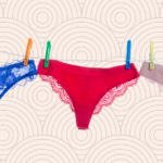 three pairs of underwear drip drying on a cord